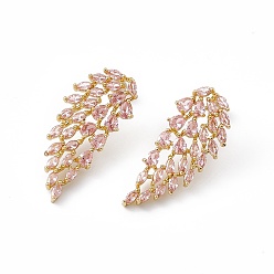 Pink Boucles d'oreilles clous aile d'ange en zircone cubique, bijoux en laiton plaqué or véritable 18k pour femmes, sans plomb et sans cadmium, rose, 33x14.5mm, pin: 1 mm