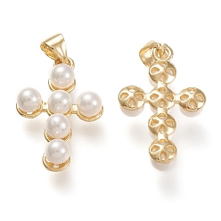 Chapado en Oro Real 18K Colgantes de concha de perla, con fornituras de latón, cruzar, real 18 k chapado en oro, 22x14.5x5 mm, agujero: 3.5x5 mm