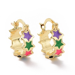 Golden Colorful Enamel Star Wrap Hoop Earrings, Brass Jewelry for Women, Golden, 19x16.5x7mm, Pin: 0.5x2mm