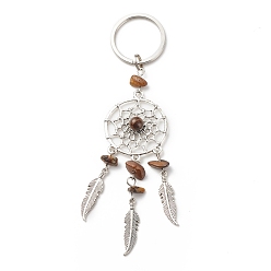 Tiger Eye Natural Tiger Eye Keychain, with Iron, 304 Stainless Steel & Alloy Findings, Woven Net/Web with Feather, 11.4~11.8cm
