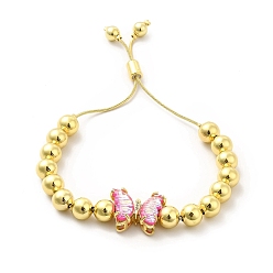 Deep Pink Rack Plating Brass Round Bead Slider Bracelets for Women, Long-Lasting Plated Glass Butterfly Adjustable Bracelets, Nickel Free & Lead Free, Real 18K Gold Plated, Deep Pink, Inner Diameter: 1-1/2~2-7/8 inch(3.7cm~7.2cm)