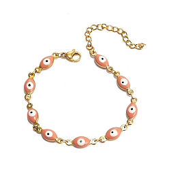 Pink Evil Eye Stainless Steel Enamel Link Chain Bracelet, Pink, no size