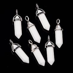 White Bullet Imitation Jade Glass Pointed Pendants, with Alloy Findings, White, 39x12mm, Hole: 3x4mm