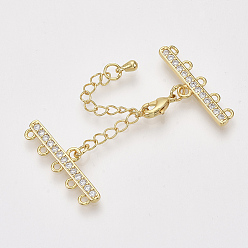Real 18K Gold Plated Brass Micro Pave Cubic Zirconia Chain Extender, Necklace Layering Clasps, with 5 Strands 10-Hole Ends and Lobster Claw Clasps, Nickel Free, Clear, Real 18K Gold Plated, 50mm, Clasp: 10x6x2.5mm, Extend Chain: 40x3mm, End: 8.5x27x2mm, Hole: 1.2mm