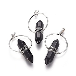Obsidian Natural Obsidian Wire Wrapped Pointed Big Pendants, Double Terminated Pointed, with Brass Findings, Bullet, Platinum, 53~55x30~32x11.5mm, Hole: 7.5x4mm