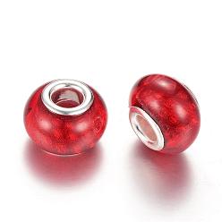 Roja Granos de la resina europeos, abalorios de grande agujero, con núcleos de latón plateado color plata, Rondana plana, rojo, 14x9~9.5 mm, agujero: 5 mm