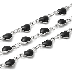Black 304 Stainless Steel Heart Link Chain, with Enamel, Soldered, Black, 10x5x2.7mm