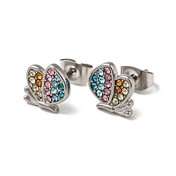 Colorful Rhinestone Butterfly Stud Earrings with 316 Surgical Stainless Steel Pins, Stainless Steel Color Plated 304 Stainless Steel Jewelry for Women, Colorful, 9x9mm, Pin: 0.7mm