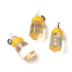 Gold Transparent Resin Pendants, Milk Bottle Charms, with Platinum Tone Zinc Alloy Loops, Gold, 20x9mm, Hole: 2mm