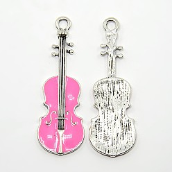 Pearl Pink Violin Antique Silver Tone Alloy Enamel Pendants, Pearl Pink, 50x18x2mm, Hole: 3mm