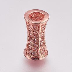 Rose Gold Brass Micro Pave Cubic Zirconia Beads, Tube, Rose Gold, 12x6mm, Hole: 3mm