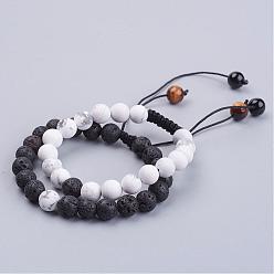 Mixed Stone Natural Lava Rock & Howlite Round Beaded Bracelets for Men, Braided Bead Bracelets, with Natural Tiger Eye & Synthetic Black Stone, 1-7/8 inch(49mm)