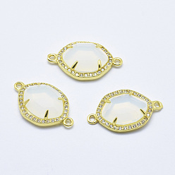 Floral White Brass Micro Pave Cubic Zirconia Links, with Glass, Faceted, Oval, Golden, Floral White, 26x16x5mm, Hole: 1.6mm