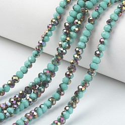 Medium Turquoise Electroplate Opaque Glass Beads Strands, Half Rose Gold Plated, Faceted, Rondelle, Medium Turquoise, 8x6mm, Hole: 1mm, about 65~68pcs/strand, 15.7~16.1 inch(40~41cm)