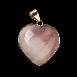 Rose Quartz Natural Rose Quartz Pendants, Heart Charms, with Golden Tone Iron and Brass Findings, 29x24~24.5x6~6.5mm, Hole: 7~7.3x3.8~4.3mm