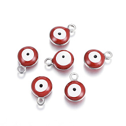 Red 304 Stainless Steel Enamel Charms, Flat Round with Evil Eye, Stainless Steel Color, Red, 8.5x6x4mm, Hole: 1mm