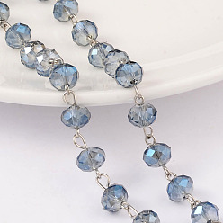 Marine Blue Faceted Rondelle Handmade Electroplate Glass Beads Chains, Unwelded, with Platinum Plated Brass Findings, Marine Blue, 39.3 inch, about 79pcs/m