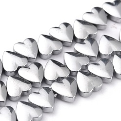 Platinum Plated Non-magnetic Synthetic Hematite Beads Strands, Galvanic Plating(Color Retention for 1 Year), Heart, Platinum Plated, 8x8x3mm, Hole: 1mm, about 77pcs/strand, 16.14 inch(41cm)