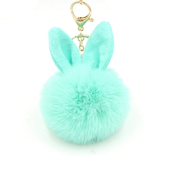 Aquamarine Easter Rabbit Faux Fluffy Ball Pendant Keychains, with Alloy Finding, Aquamarine, 90~100mm