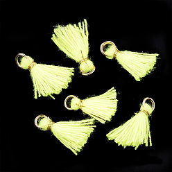 Green Yellow Polycotton(Polyester Cotton) Tassel Pendant Decorations, Mini Tassel, with Iron Findings and Metallic Cord, Light Gold, Green Yellow, 10~15x2~3mm, Hole: 1.5mm
