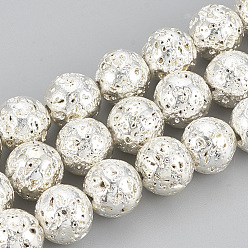 Plaqué Argent Brins de perles de pierre de lave naturelle galvanisées, ronde, cahoteuse, Plaqué Argent, 4~5mm, Trou: 1mm, Environ 89 pcs/chapelet, 15.7 pouce