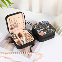 Oveja Caja de embalaje de joyería de cuero pu cuadrada impresa portátil para almacenamiento de collares y pendientes, oveja, 10x10x5 cm