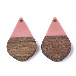 Pink Resin & Walnut Wood Pendants, Teardrop, Pink, 28x18x3mm, Hole: 2mm
