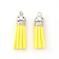 Yellow Faux Suede Tassel Pendant Decorations, with CCB Plastic Cord Ends, Platinum, Yellow, 33~35x10mm, Hole: 2.5mm