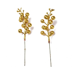Gold Plastic Imitation Fruit Stem Accessories, with Iron and Foam Finding, Glitter Powder, for DIY Christmas Tree, Wreath, Party Decoration, Gold, 180x49x35mm