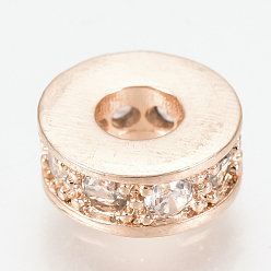 Rose Gold Brass Micro Pave Cubic Zirconia Beads, Flat Round, Clear, Rose Gold, 7x3mm, Hole: 3mm