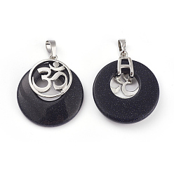 Blue Goldstone Synthetic Blue Goldstone Pendants, with Platinum Tone Brass Findings, Flat Round with Om Symbol, 32~32.5x28x7~7.5mm, Hole: 5x8mm