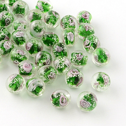 Vert Faits à la main perles au chalumeau de fleurs lumineuses intérieure, ronde, verte, 9~10mm, Trou: 1~2mm