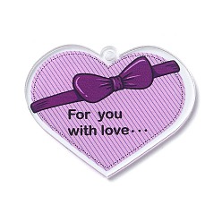 Pourpre Moyen Pendentif acrylique transparent saint valentin, charme coeur, support violet, 40.5x49.5x2mm, Trou: 3mm