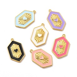 Mixed Color Brass Enamel Pendants, Cadmium Free & Lead Fre, Hexagon with Heart Charm, Golden, Mixed Color, 23x13.5x2.5mm, Hole: 1.2mm