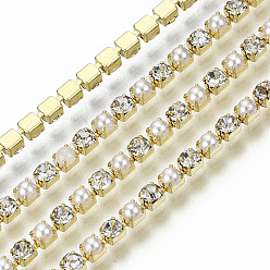 Golden Brass Rhinestone Strass Chains, with ABS Plastic Imitation Pearl, Rhinestone Cup Chains, with Spool, Crystal, Golden, SS6.5(2~2.1mm), 2~2.1mm, about 10yards/roll(9.14m/roll)