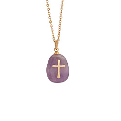 Amethyst Natural Amethyst Oval with Cross Pendant Necklace, Stainless Steel Jewelry for Women, Golden, 15.75 inch(40cm)
