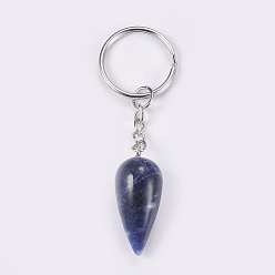 Sodalite Natural Sodalite Keychain, with Iron Key Rings, Platinum, teardrop, 80.5mm, Pendant: 33.5x15.5mm