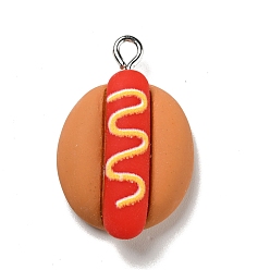 Rouge Pendentifs en résine opaque, charme de hot-dog, nourriture imitation, avec boucles en fer couleur platine, rouge, 27.5x18x8mm, Trou: 2x2.5mm