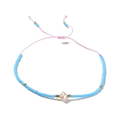 Sky Blue Glass Imitation Pearl & Seed Braided Bead Bracelets, Adjustable Bracelet, Sky Blue, 11 inch(28cm)