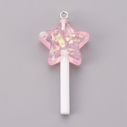 Pink Resin Pendants, Imitation Lollipop, Star, Pink, 41x20x7mm, Hole: 1.8mm