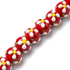 Red Handmade Lampwork Beads Strands, with Enamel, Round with Flower, Red, 11x9.5mm, Hole: 1.4mm, about 36pcs/strand, 13.58''(34.5cm)