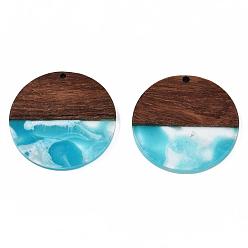 Dark Turquoise Transparent Resin & Walnut Wood Pendants, Two Tone, Flat Round, Dark Turquoise, 38.5x3mm, Hole: 2mm