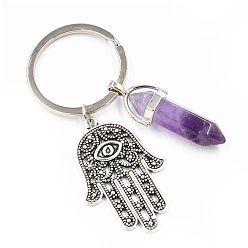 Amethyst Natural Amethyst Pendant Keychains, with Alloy Pendants and Iron Rings, Bullet Shape with Hamsa Hand, 7.2cm