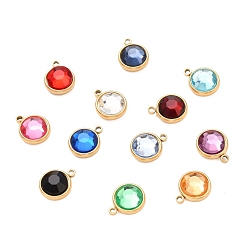 Mixed Color 304 Stainless Steel Charms, with Acrylic Rhinestone, Birthstone Charms, Faceted, Flat Round, Golden, Mixed Color, 12x10x4.4mm, Hole: 1.3mm