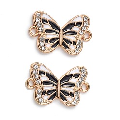 Black Alloy Enamel Connector Charms, Butterfly Links with Crystal Rhinestone, Light Gold, Cadmium Free & Nickel Free & Lead Free, Black, 21x13x1.7mm, Hole: 1.6mm