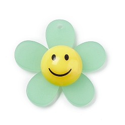 Pale Green Frosted Translucent Acrylic Pendants, Sunflower with Smiling Face Charm, Pale Green, 29x30x9mm, Hole: 1.8mm