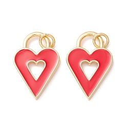 Red Rack Plating Brass Enamel Pendants, with Jump Ring, Cadmium Free & Nickel Free & Lead Free, Real 18K Gold Long-Lasting Plated, Heart Lock, Red, 22x14x2mm, Hole: 3.4mm