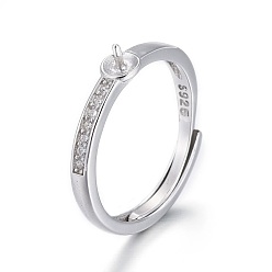 Platinum Adjustable Rhodium Plated 925 Sterling Silver Finger Ring Components, For Half Drilled Beads, with Micro Pave Cubic Zirconia, with 925 Stamp, Platinum, Size 6, 16mm, Tray: 3.5mm, Pin: 0.8mm