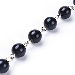 Black Handmade Dyed Glass Pearl Beaded Chains, Unwelded, with Iron Eye Pin, Platinum, Black, 39.37 inch, 1m/strand
