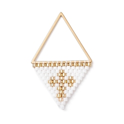 Blanc Pendentifs en perles de rocaille japonaises faites à la main, triangle avec breloques croix, blanc, 37~38x23x2mm, Trou: 17x20mm